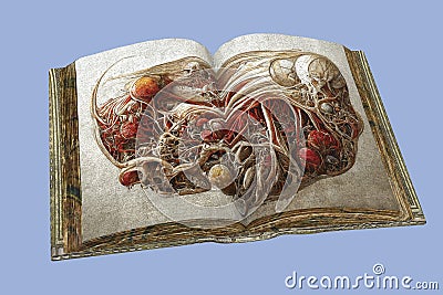 Open antique book with medical drawing, illustration Cartoon Illustration