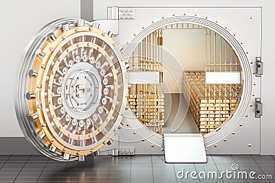 Open Bank Vault with golden ingots, 3D Stock Photo