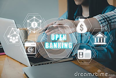 Business team working on laptop omputer with open banking icon on virtual screen Stock Photo