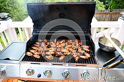 Open barbecue grill cooking chicken wings on outdoor deck during summer season Stock Photo
