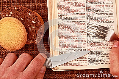 Open bible spiritual bread food Stock Photo