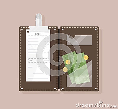 Open bill holder or check presenter with restaurant receipt, money banknotes and coins, top view. Customer`s payment for Vector Illustration