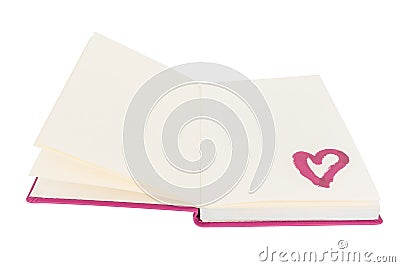 Open blank book with lipstick heart paint isolated on white Stock Photo