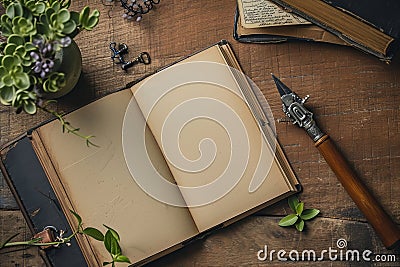 An open blank book lying on a rustic wooden table with a vintage pen, plant, and old books Stock Photo
