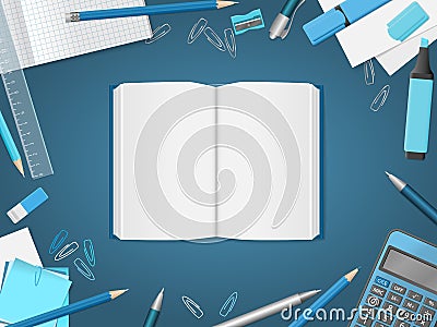 Open blank notebook with school supplies Vector Illustration