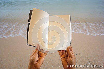 Open Blank Page Book at the Beach Stock Photo