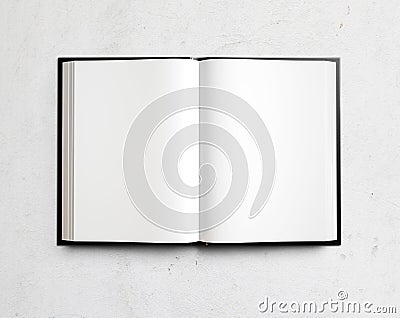 Open blank textbook on white stucco wall Stock Photo