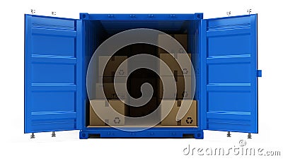 Open blue cargo freight shipping container with cardboard boxes isolated on white Cartoon Illustration