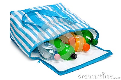 Open blue striped cooler bag with five cool refreshing drinks Stock Photo