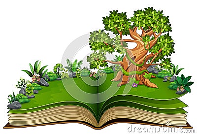 Open book with animals cartoon on the trees Vector Illustration