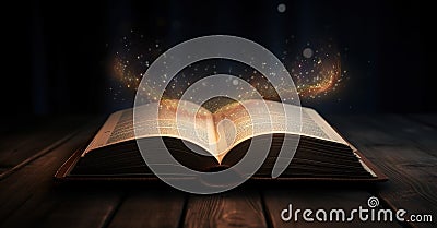 Open book Bible on wooden desk with mystic bright light. Stock Photo