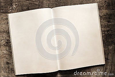 Open Book Blank Pages on Grunge Timber Background Stock Photo