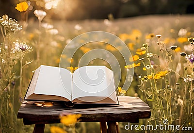 Open Book On Wooden Stool In Meadow Stock Photo