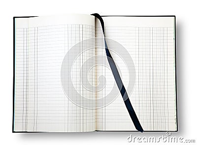 Open book with blue bookmark. Stock Photo