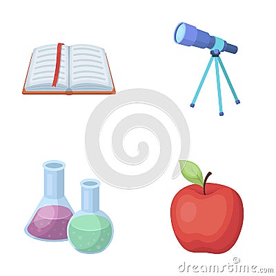 An open book with a bookmark, a telescope, flasks with reagents, a red apple. Schools and education set collection icons Vector Illustration