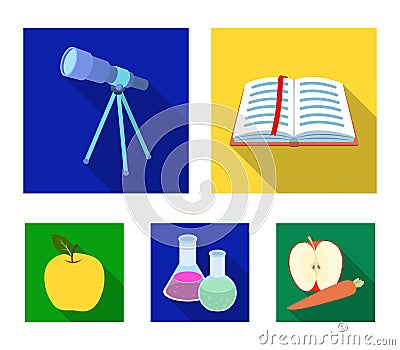 An open book with a bookmark, a telescope, flasks with reagents, a red apple. Schools and education set collection icons Vector Illustration