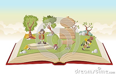 Open book with cartoon kids in explorer outfit Vector Illustration