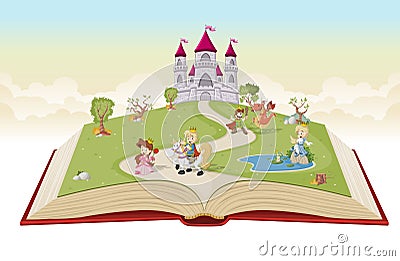 Open book with cartoon princesses and princes Vector Illustration