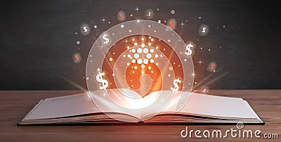 Open book with currency icons above Editorial Stock Photo
