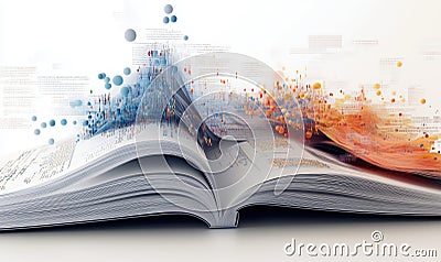 Open book with data visualization, colorful abstract patterns, digital information flow Stock Photo
