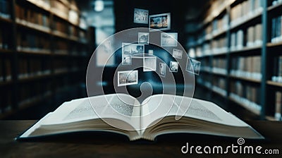 Open book displays virtual media within library setting. Digital publishing merges storytelling, tech. Images float above pages. Stock Photo