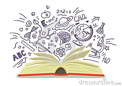 Open book with education, school, science hand drawn sketches on white background. Vector Illustration