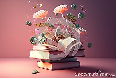 Open book with fantastic levitation glowing colorful flowers splash Stock Photo