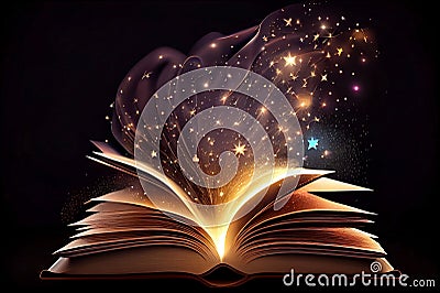 Open book with flying out glowing fantasy stars in night. Generative ai Stock Photo