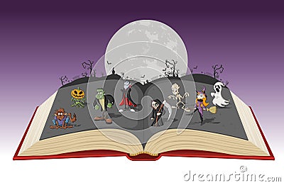 Open book with full moon over a cemetery with funny cartoon classic monster characters Vector Illustration