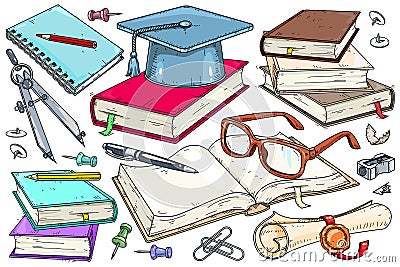 An open book, glasses, and a student diploma. A set of vector icons for the student. Vector Illustration