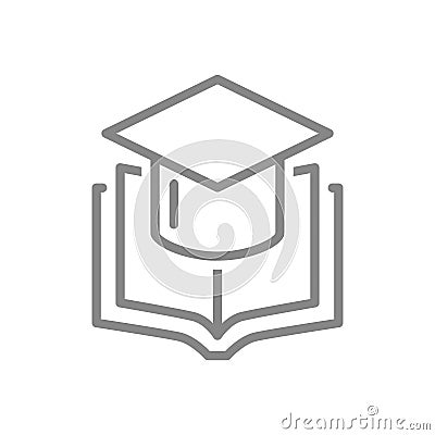 Open book with graduation cap line icon. College, higher education, graduation university symbol Vector Illustration