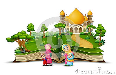 Open book with group of happy muslim woman and her children in the front of a mosque Vector Illustration