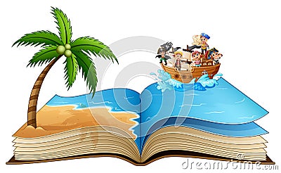 Open book with group of pirate on the beach Vector Illustration