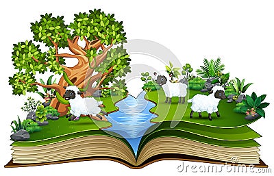 Open book with group of sheep cartoon playing in the river Vector Illustration