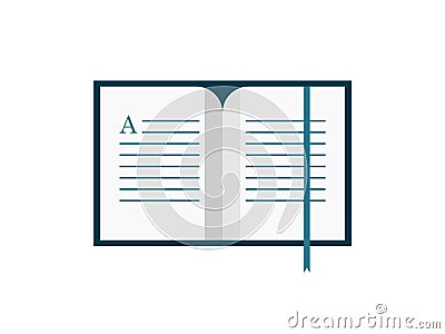 Open book icon with bookmark. Blue text book with lines of text and letter A. Vector Illustration