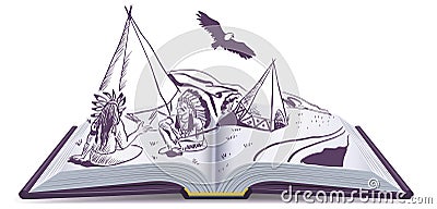 Open book. Indians sit at wigwam on pages of open book. Adventure story Vector Illustration