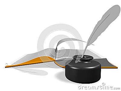 Open book with Inkwell and pen Stock Photo