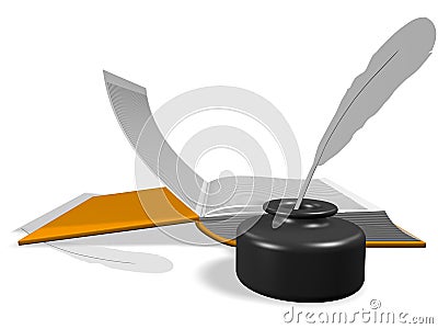 Open book with Inkwell and pen Stock Photo