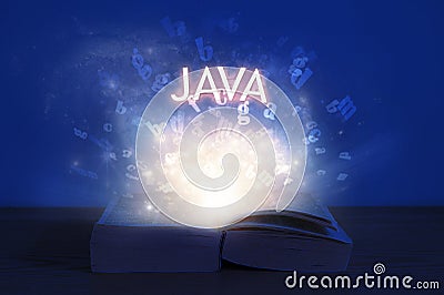 Open book with java inscription. Light coming from open book with word java. Learn programming language Editorial Stock Photo