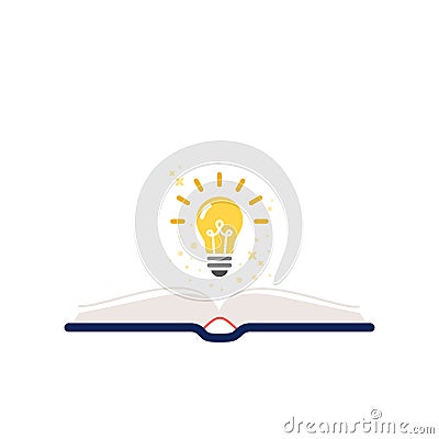 Open book with light bulb. Square banner. Concept of imagination, creativity, research, solution. Vector illustration, flat design Vector Illustration