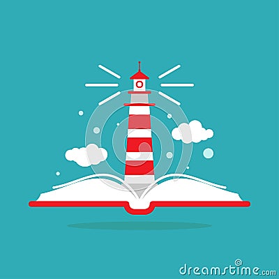 Open book with lighthouse or beacon and clouds on blue background. Vector flat illustration Cartoon Illustration