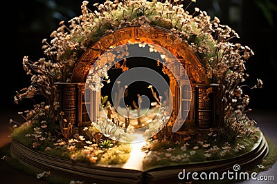 Open book with a magical floral arch and illuminated house scene. Stock Photo