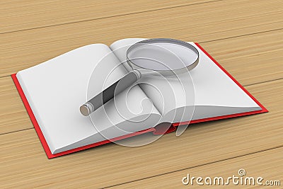 Open book and magnifier on white background. 3D illustr Cartoon Illustration