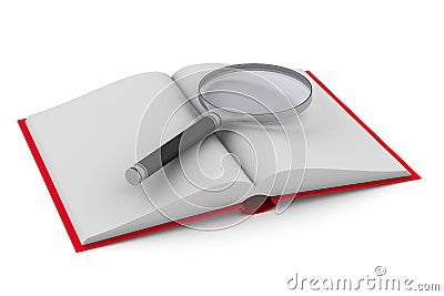 Open book and magnifier on white background. Isolated 3D Cartoon Illustration