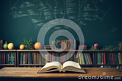 Open book meets a lively green chalkboard backdrop Stock Photo