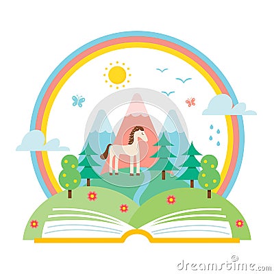 Open Book and Nature Landscape of Hills and Rainbow. Science and Nature Study Illustration. Vector Illustration