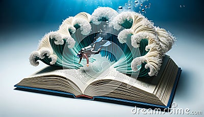 Open book with pages transforming into waves. A miniature diver equipped with gear dives deep into the textual ocean chasing the Stock Photo