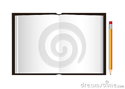 Open book with pencil. Blank diary, catalog, magazine, brochure, booklet with leather cover. Album with hardcover. Frame for Stock Photo