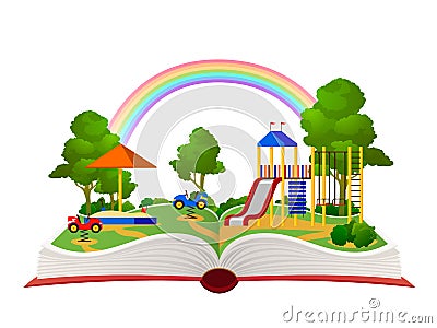 Open book playground. Fantasy garden, learning amusement park green forest library, child books daydream landscape flat Vector Illustration