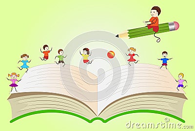 Open book with playing children and boy, flying on a pencil Vector Illustration